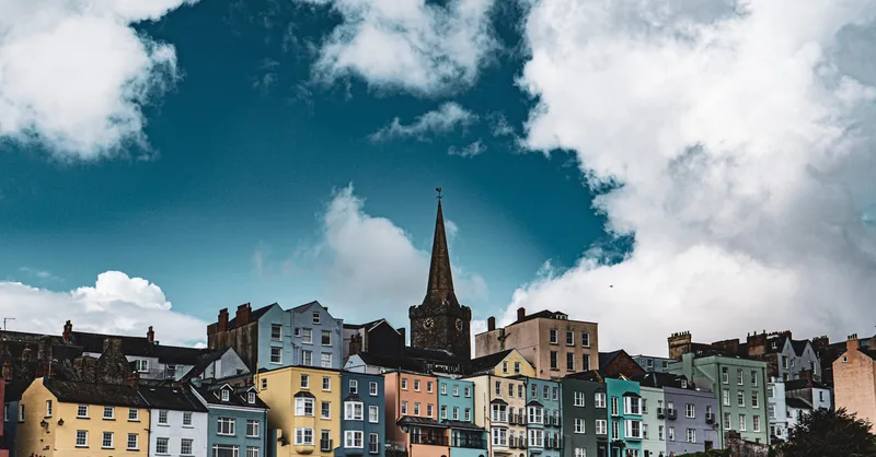 Painted houses under St Mary's spire