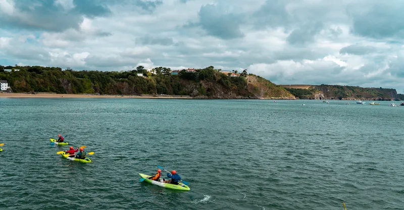 Kayaks crossing the bay